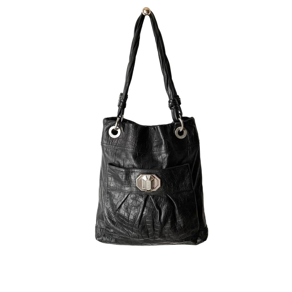 B. Makowsky Black Leather Croc Embossed Tote Purse